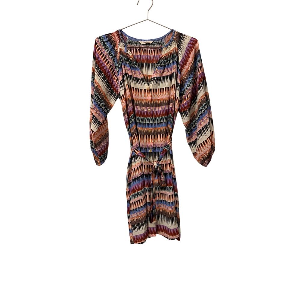 Tucker Geometric Print Buttondown Balloon Silk Sleeve Shirt Dress P/XS